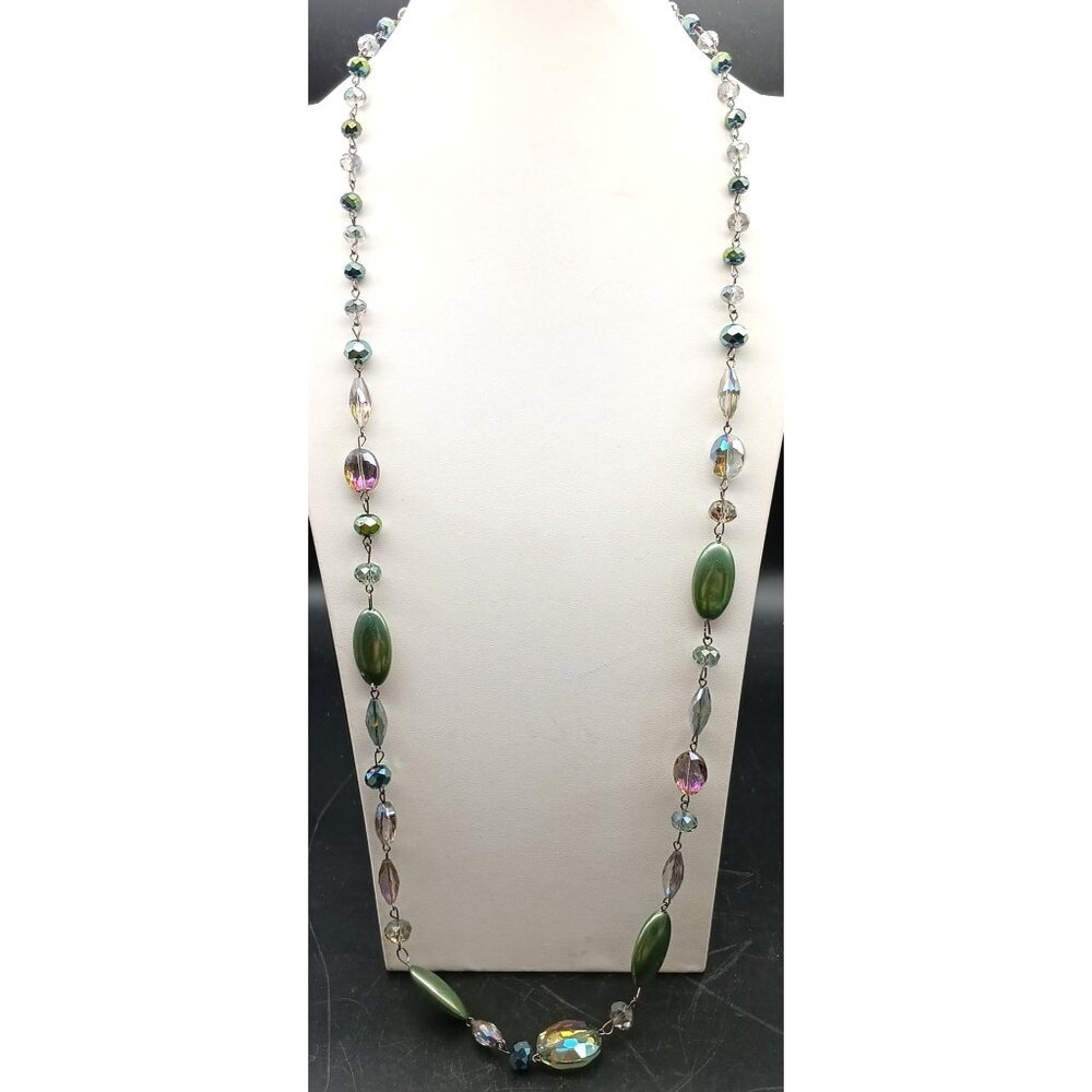 Vintage Iridescent Beaded Necklace With Green & Multicolor Glass Beads